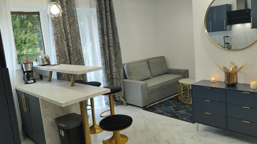 un salon avec une chaise et une table dans l'établissement Blue Room, à Le Plessis-Bouchard