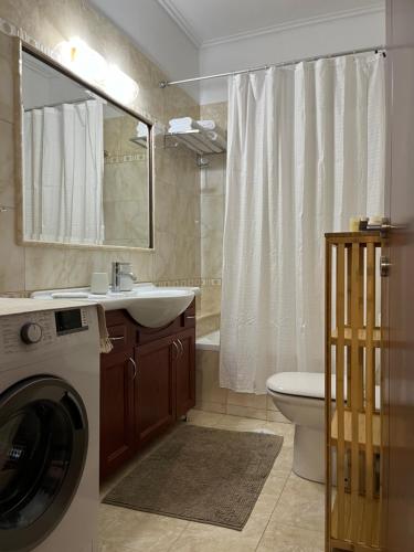 a bathroom with a sink and a washing machine at Adagio, JIMA winery luxury apartments in Ioannina