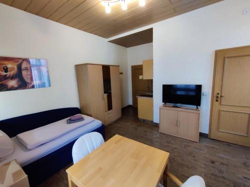 a small room with a bed and a table and a television at Haus Savina in Weimar