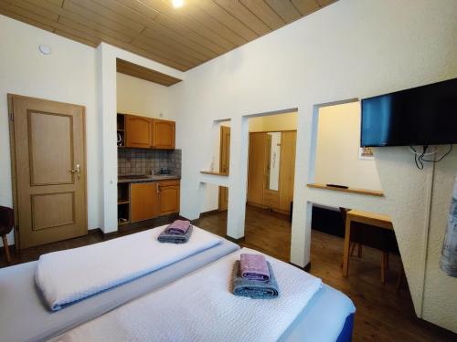 a room with two beds and a tv in it at Haus Savina in Weimar