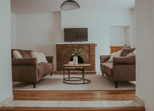 un salon avec deux canapés et une cheminée dans l'établissement Grande Maison tout confort au Coeur de Nogent, à Nogent-sur-Seine