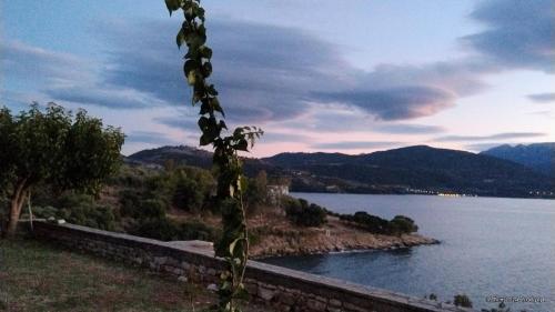 a view of a large body of water with mountains at sparton amfilohias παραθαλάσσιο εξοχικό Filoxenia in Spárton