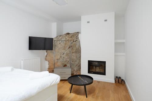 a bedroom with a bed and a fireplace at Clock Tower Aparthotel in Arachova