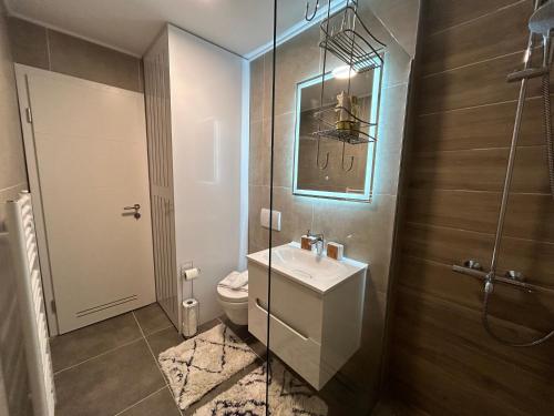 a bathroom with a sink and a toilet and a mirror at Apartman VAND in Tuzla