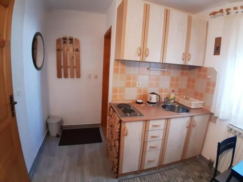 a small kitchen with a sink and a stove at Apartmani Marija in Jahorina
