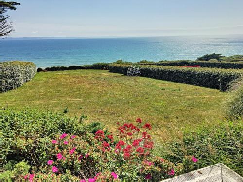 un champ de fleurs avec l'océan en arrière-plan dans l'établissement Maison des falaises à Pentrez - Vue mer, à Saint-Nic