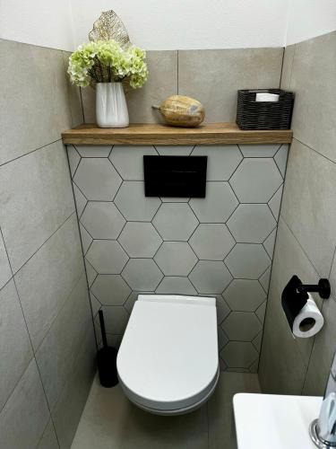a bathroom with a toilet and a shelf with flowers at Vila Zlatá Louka in Cheb