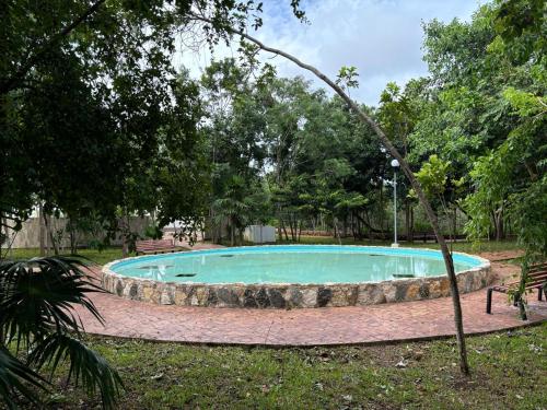 a swimming pool in a park with a tree at In Wotoch in Cancún