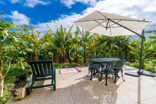 a patio with a table and chairs and an umbrella at Sleep Among the Bananas! Rustic Cottage with Trails at Your Doorstep in Ponta do Sol