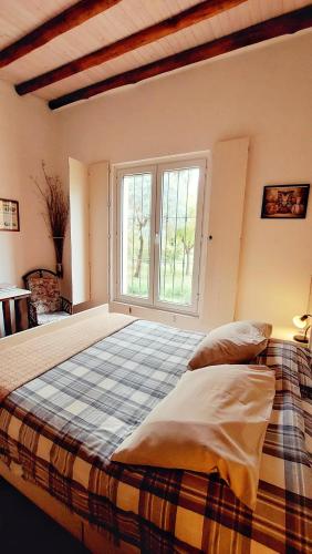 a bedroom with a large bed with a large window at Finca La Penúltima-Posada in San Rafael