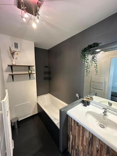 une salle de bain avec une baignoire et un lavabo et une baignoire dans l'établissement Appartement moderne, Stade de France, Confort, Commodité, Tranquillité, à Aubervilliers