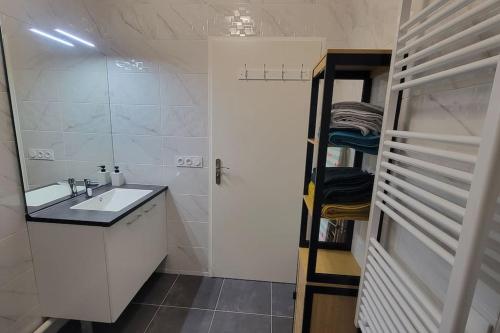 une petite salle de bain avec un lavabo et un miroir dans l'établissement COSY F2 Proche Disneyland Paris, à Serris