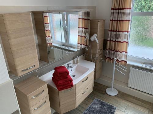 a bathroom with a sink and a mirror at Ferienwohnung CITY - direkt am Falderndelft - nähe Innenstadt in Emden