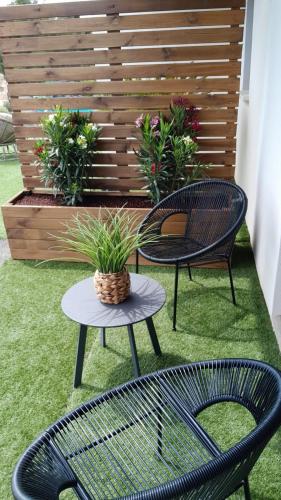 two chairs and a table with a plant on a patio at Love Room - Cocon Room - Toulon - Ollioules in Ollioules