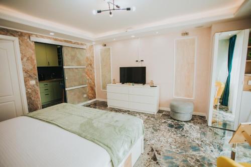 a bedroom with a bed and a tv on the wall at Alessandra Studio 2 in Piatra Neamţ