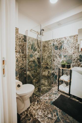 a bathroom with a shower and a toilet and a sink at Alessandra Studio 2 in Piatra Neamţ