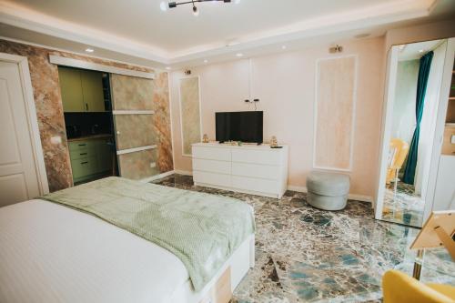 a bedroom with a bed and a tv in it at Alessandra Studio 2 in Piatra Neamţ