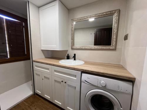 Un baño con lavabo y lavadora. en Biescas Suites, en Biescas