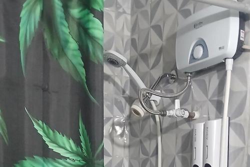 a shower head and a hair dryer on a wall at Beautiful 1-Bedroom in St Thomas Jamaica in Belfast
