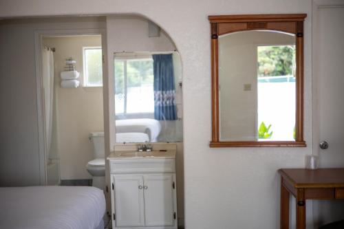 a bathroom with a sink and a mirror at Deluxe Inn in Hayward