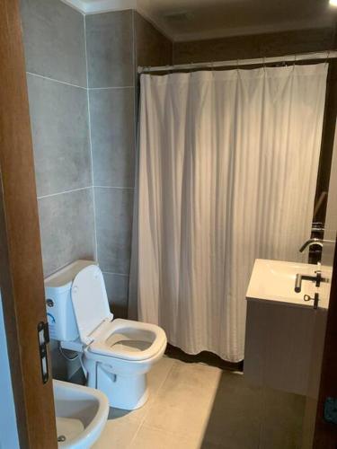 a bathroom with a toilet and a sink and a shower at A estrenar con vista al río in Paraná
