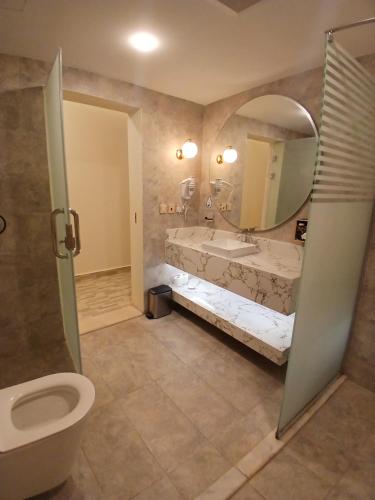 a bathroom with a toilet and a sink and a mirror at شقق العنود والجوهرة للشقق المخدومة in Hafr Al Baten