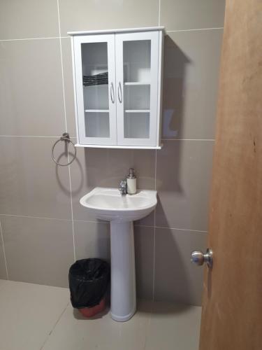 a bathroom with a white sink and a cabinet at Casa en Liumalla in Villarrica