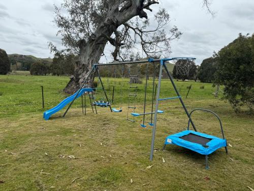 an empty swing set in front of a tree at Woodfield Glen in Bonnie Doon