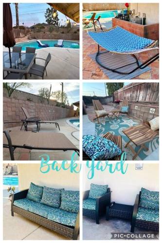 a collage of pictures of furniture and a pool at 4 Bedroom King Beds One-Story Tesla EV in Riverside