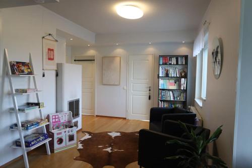 a living room with a couch and a book shelf at 130m2 apartment with Sauna in Citycenter in Rovaniemi