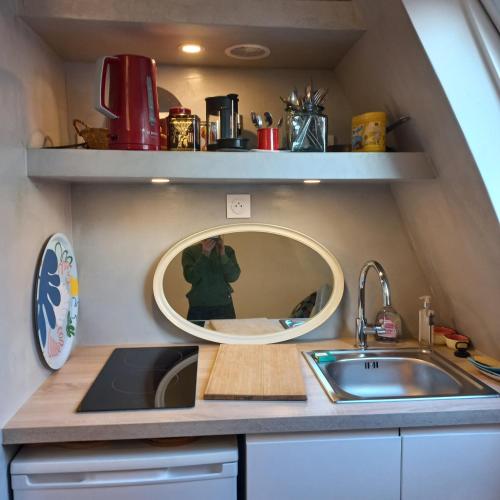 une personne prenant une photo d'une cuisine avec un miroir dans l'établissement Charming room - famous Marais neighborhood, à Paris