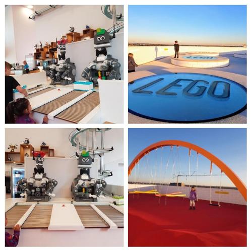 a collage of four pictures of people in a room at 300 meter walk to LEGO house - 50m2 COZY apartment - unit D in Billund