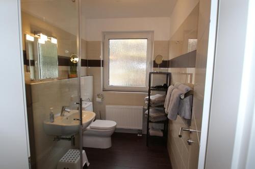 a bathroom with a sink and a toilet and a window at FeWo Kruse am Wurmberg in Braunlage