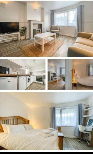 two pictures of a bedroom and a living room at Number 20 in Keiss