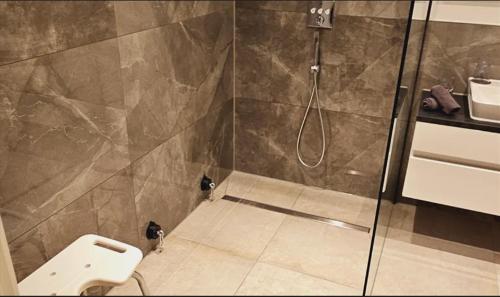 une salle de bain avec une douche avec des toilettes et un lavabo dans l'établissement playroom, à Déols