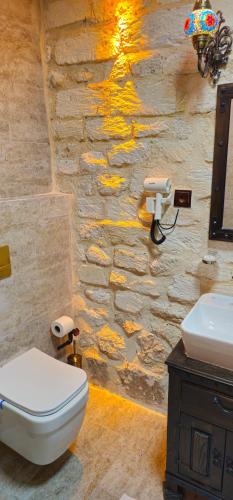 a stone bathroom with a toilet and a sink at Cleopatra Antique Hotel in Urfa
