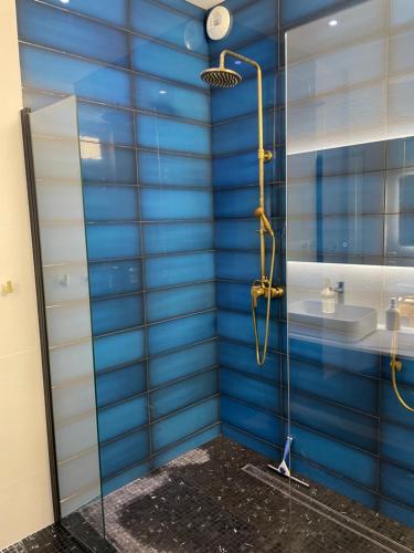 une salle de bain bleue avec une douche et un lavabo dans l'établissement Hypnos-Hébergement champenois, à Châlons-en-Champagne