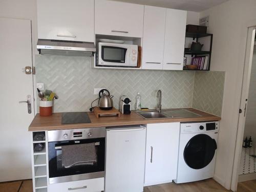 une petite cuisine avec un évier et un micro-ondes dans l'établissement Horizon Royal, à Sète