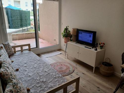 un salon avec un canapé et une télévision sur un meuble dans l'établissement Horizon Royal, à Sète