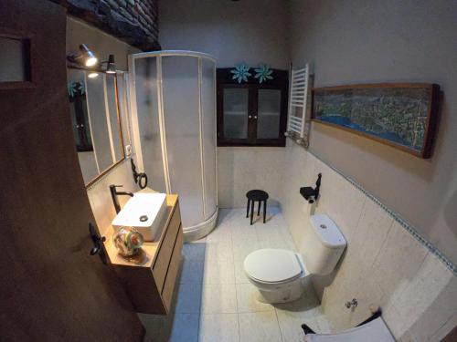 a bathroom with a shower and a toilet and a sink at Descanso en Burgozarre in Mungia