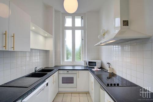 une cuisine blanche avec des comptoirs noirs et une fenêtre dans l'établissement Le Wilson - Proche Centre Ville, à Tours