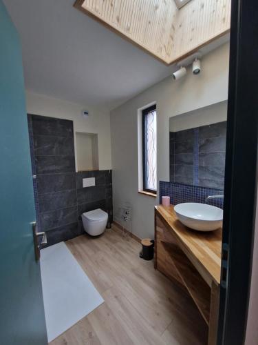 La grande salle de bains est pourvue d'un lavabo et de toilettes. dans l'établissement Maison agréable en pierre, à Montagne