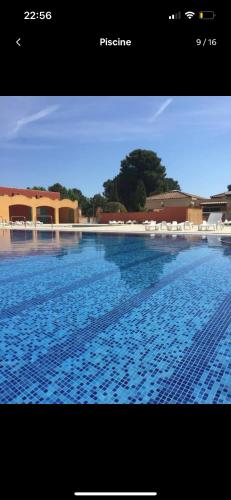 une grande piscine avec de l'eau bleue et des chaises dans l'établissement Charmante maisonnette, à Argelès-sur-Mer
