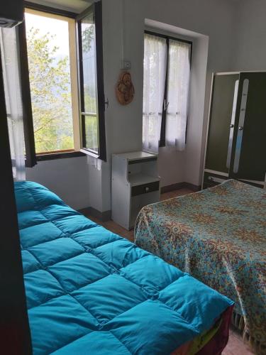 a bedroom with two beds and two windows at Azzone Cascina nel verde in Azzone