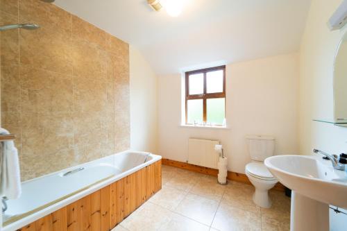 a bathroom with a tub and a toilet and a sink at Townview Haven - Dingle in Dingle