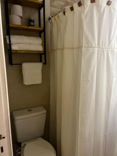 a bathroom with a toilet and a shower curtain at Relax Guemes in Mar del Plata