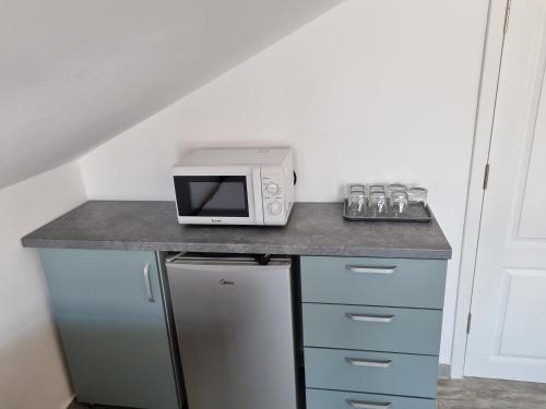 a microwave oven sitting on top of a kitchen counter at Vila duMio in Eforie Nord
