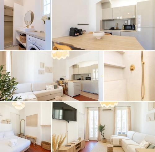 un collage de photos d'un salon et d'une cuisine dans l'établissement 1BR Cosy 2min from Old Port | By Airnest, à Marseille