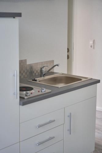 a kitchen with a sink and a counter top at Greenhome Lörrach -Ihre Apartments im 3-Ländereck- in Lörrach
