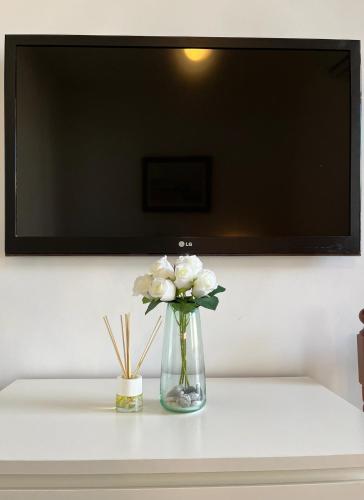 a vase of flowers sitting on a table with a tv at Castillo de Ralph in Guardias Viejas